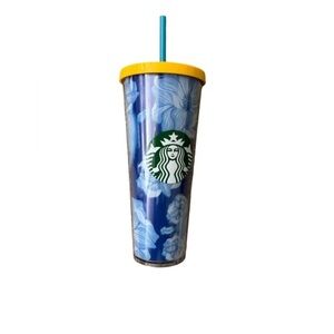 STARBUCKS 24Oz Acrylic Tumbler Blue White Floral Cactus Flower Yellow Lid